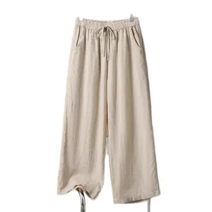 Comfortable elastic waist cotton linen wide-leg trousers in beige for casual summer wear