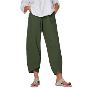 Women's olive green cotton linen wide leg trousers with high waist and cropped fit