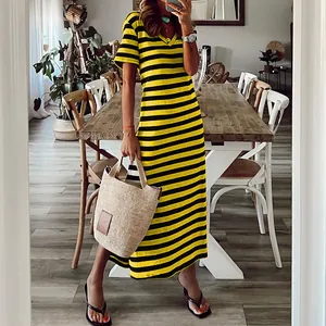 Casual summer loose V-neck midi dress featuring bold yellow and black horizontal stripes