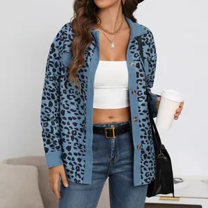 Stylish women's blue leopard print corduroy jacket with single-breasted button design
