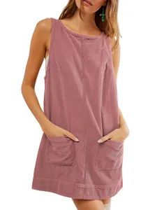 Women's casual dusty rose corduroy sleeveless pinafore tank dress with front pockets