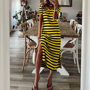 Casual yellow and black striped maxi dress with a side slit and stylish V-neckline