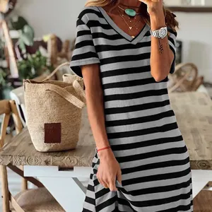 Casual women's short sleeve V-neck striped T-shirt dress in a black and grey pattern