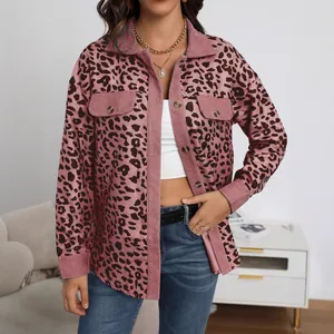 Stylish pink leopard print corduroy jacket for women featuring single-breasted buttons