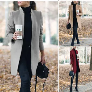 Detailed view of elegant women's stand-collar wool coat in gray, camel, and burgundy