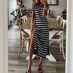 Summer casual striped V-neck maxi dress with side split and loose fit for women