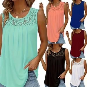Sleeveless summer tops for women featuring lace necklines and pleated details