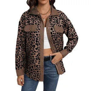 Stylish leopard print corduroy jacket for women with single-breasted design.