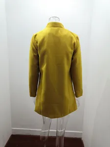 Back view of a premium mustard yellow stand collar woolen coat on a clear mannequin