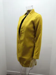 Side view detail of a yellow stand-collar woolen coat on a transparent mannequin.