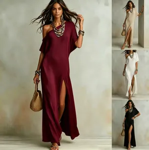 Elegant One Shoulder Pleated Maxi Dress For Women Summer Short Sleeve Slit Loose Polyester Spandex Solid Color Long Dress