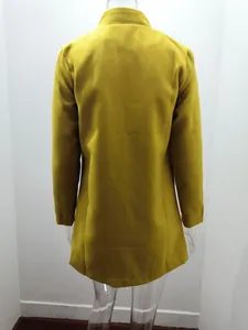 Back view of a mustard yellow stand collar wool coat for women in autumn and winter