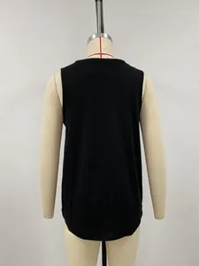 Back view detail of casual black sleeveless top with a smooth knit fabric texture