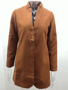 Classic camel-colored wool coat with sleek stand collar and open front style