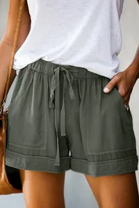 Detail of high waisted drawstring loose wide leg casual tencel shorts for women