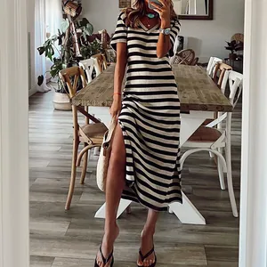 Women's casual black and white striped V-neck maxi dress with high side slit detail