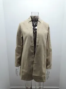 Front view of a solid khaki stand collar wool coat displayed on a clear mannequin