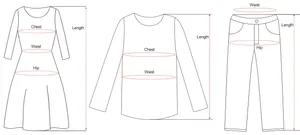 Detailed measurement guide illustration for women's dresses, tops and trousers sizes