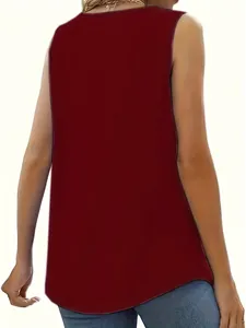 Back view of a minimalist wine red sleeveless casual top with a round neckline