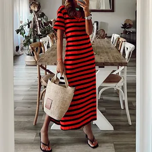 Elegant women's summer casual red and black horizontal striped V-neck maxi dress