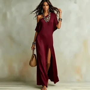 Elegant burgundy cotton linen maxi dress with one-shoulder design and high side slit