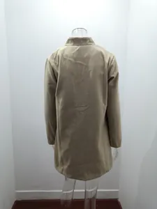Detailed back view of a khaki stand-collar woolen coat on a mannequin for women