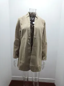Detailed view of the elegant khaki stand-collar wool coat displayed on a clear mannequin.