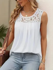 Close-up of the lace neckline and pleated front design on a sleeveless summer vacation blouse
