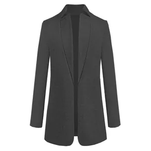 High-quality front view of a charcoal grey minimalist stand collar open-front wool coat
