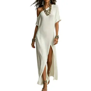 Elegant one-shoulder cotton linen pleated split maxi dress in white for women