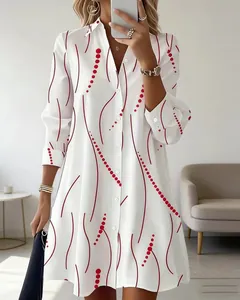 Elegant white long-sleeve shirt dress with red wave and dot print pattern for women