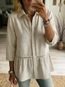 Elegant casual beige linen shirt featuring delicate lace trim and button-down front