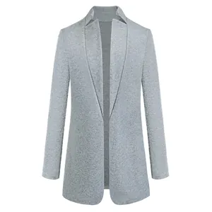 Premium light grey stand collar woolen coat featuring a minimalist open-front design