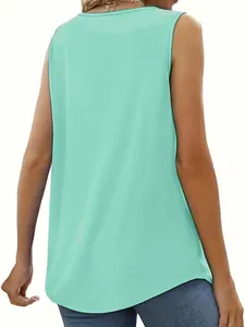 Back view of a simple mint green sleeveless top for a casual summer vacation look.