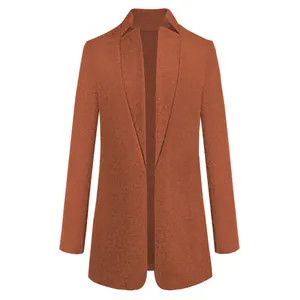Detailed front view of a stylish rust-orange wool coat featuring a stand collar design