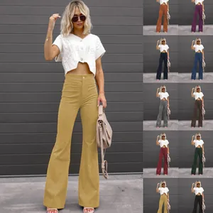 Women High Waist Corduroy Flare Pants Solid Color Streetwear Casual Long Trousers Bottom