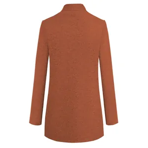 Back view of a minimalist solid burnt orange stand-up collar wool coat for women