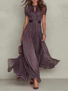 Women Elegant V-Neck Sleeveless Maxi Dress Slim Fit Solid Color Ruffle Hem Pleated Long Dress With Lace Decor For Banquet Dating