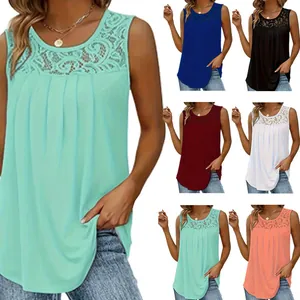 Women Sleeveless Tank Top Sexy Lace Splicing Round Neck Pleated Casual Solid Color Loose Fit Summer Vacation Blouse Tops
