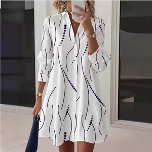 Elegant white long-sleeve shirt dress with black polka dot and line print