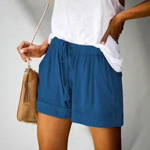 Stylish women's high-waisted blue drawstring casual shorts with pockets for summer