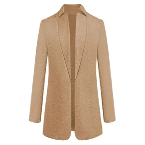 Sophisticated camel-colored woolen coat featuring a classic lapel collar and open front design