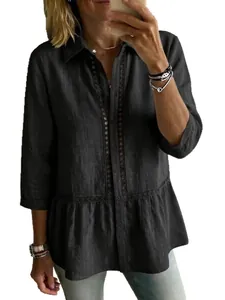 Casual dark charcoal cotton linen shirt with lace embroidery and button closure
