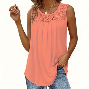 Women's coral sleeveless casual top with lace patchwork and pleated chest detail