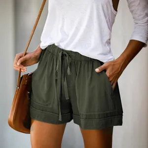 Stylish women's casual olive green high-waist drawstring shorts with large pockets
