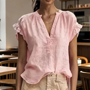 Casual pink bohemian V-neck cotton linen short sleeve blouse for women's summer fashion
