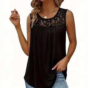 Elegant black sleeveless top featuring delicate lace neckline and pleated front for women