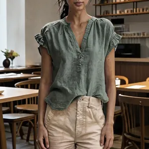 Chic olive green Bohemian V-neck short sleeve cotton linen top for women casual outfit
