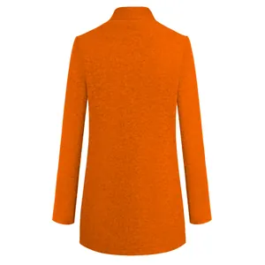 Detailed back view of a vibrant orange stand-collar wool coat for women in autumn