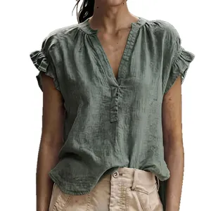 Elegant Bohemian style V-neck short sleeve solid color linen cotton blouse for women